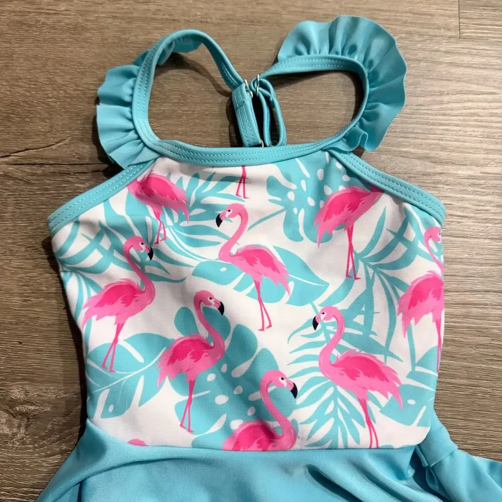 Flamingo Swimsuit Baby Blue Pink One Piece Skirt 12-18 Months